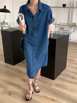 Women's Shift Dress Denim Shirt Dress Midi Dress Denim Fashion Casual Outdoor Daily Vacation Shirt Collar Button Pocket Short Sleeve Summer Spring Fall 2023 Loose Fit Blue Plain S M L XL -HANs Plus Size Style Shop jyryfg1677036642188
