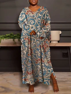 Women's Plus Size Curve Winter Dress Paisley Dress Casual Dress Floral Paisley Long Dress Maxi Dress Long Sleeve Split Print V Neck Fashion Outdoor Black Royal Blue Fall Winter L XL XXL 3XL 4XL -HANs Plus Size Style Shop jyzmml1693386280346