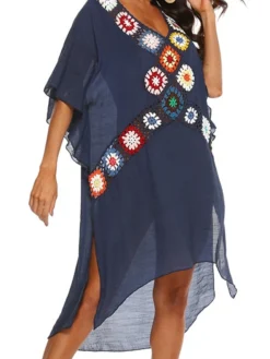 Women's Swimwear Cover Up Beach Dress Normal Swimsuit Splice Floral White Black Navy Blue V Wire Bathing Suits New Vacation Fashion /y / Modern -HANs Plus Size Style Shop jzauun1652335461288