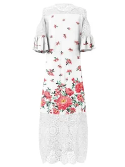 Women‘s Plus Size Curve Holiday Dress Floral Crew Neck Lace Half Sleeve Fall Spring Maxi Long Dress Date Vacation Dress Print -HANs Plus Size Style Shop jzbtms1654584190248