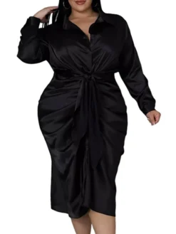 Women‘s Plus Size Curve Flattering Dresses Elegant Apple Shaped Dress Wedding Guest Work Dress Pure Color Shirt Collar Long Sleeve Fall Winter Work Midi Dress Going Out Work Dress Shirt Dress -HANs Plus Size Style Shop jzemvn1663665119505