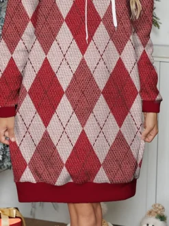Women's Casual Dress Hoodie Dress Mini Dress Warm Fashion Outdoor Christmas Holiday Hoodie Print Geometric Loose Fit Red S M L XL XXL -HANs Plus Size Style Shop jzmmkk1696733155041