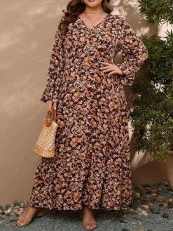 Women's Plus Size Party Dress Wedding Guest Dress Swing Dress Long Dress Maxi Dress Brown Long Sleeve Floral Ruffle Fall Winter Autumn V Neck Fashion Winter Dress Birthday Wedding Guest 2023 L XL XXL