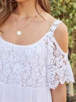 Women's Long Dress Maxi Dress Casual Dress Lace Dress White Dress Plain Fashion Modern Daily Holiday Vacation Lace Cold Shoulder Short Sleeve Square Neck Dress Regular Fit White Beige Summer Spring S -HANs Plus Size Style Shop kabezv1680502368645