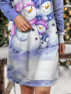 Women's Christmas Dress Hoodie Dress Mini Dress Warm Fashion Outdoor Christmas Holiday Hoodie Print Snowman Loose Fit Blue S M L XL XXL -HANs Plus Size Style Shop kabxpv1697542252423
