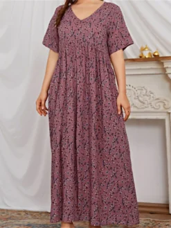 Women‘s Plus Size Curve Flattering Dresses Apple Shaped Dress Casual Dress Floral Dress Floral Long Dress Maxi Dress Short Sleeve Print V Neck Basic Outdoor Fuchsia Spring Summer XL XXL 3XL