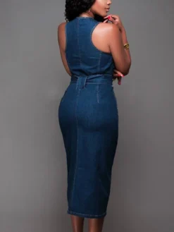 Women's Denim Dress Bodycon Sheath Dress Maxi Long Dress Denim Stylish Casual Daily Vacation Going Out Crew Neck Lace Up Zipper Sleeveless Summer Spring Fall 2023 Slim Blue Pure Color S M L XL -HANs Plus Size Style Shop kapman1643105762007