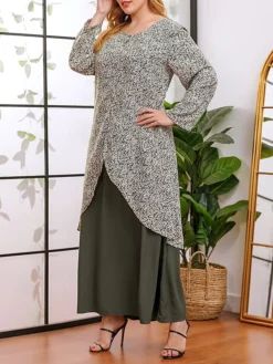 Women's Plus Size Curve Casual Dress A Line Dress Floral Dress Solid Color Floral Long Dress Maxi Dress Long Sleeve Fake Two Piece Crew Neck Fashion Party Green Fall Winter XL XXL 3XL 4XL -HANs Plus Size Style Shop kbblvn1695018766495