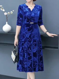 Women's Plus Size Party Dress Velvet Dress Cocktail Dress Midi Dress Wine Blue Purple Long Sleeve Floral Jacquard Spring Fall Winter Split Neck Fashion Winter Dress Wedding Guest Vacation 2023 XL XXL -HANs Plus Size Style Shop kbeugu1692242385018