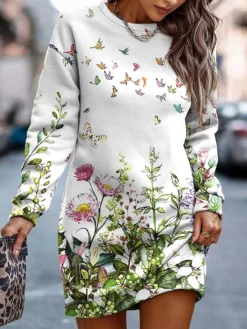 Women's Casual Dress Sweatshirt Dress Winter Dress Floral Print Crew Neck Mini Dress Fashion Streetwear Outdoor Daily Long Sleeve Loose Fit White Red Green Fall Winter S M L XL XXL -HANs Plus Size Style Shop kbjoqa1693828104785