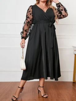 Women's Plus Size Curve Party Dress Wedding Guest Dress Black Dress Long Dress Maxi Dress Black Long Sleeve Flower Patchwork Spring Fall Winter V Neck Fashion Winter Dress Evening Party Wedding Guest