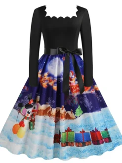 Women's Christmas Casual Dress Vintage Dress Midi Dress Black Blue Wine Long Sleeve Santa Claus Bow Winter Fall Spring Square Neck Vacation Christmas Daily Vacation 2022 S M L XL XXL 3XL -HANs Plus Size Style Shop kblbsj1667637128742