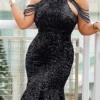 Women‘s Plus Size Curve Party Dress Solid Color Crew Neck Ruffle Short Sleeve Spring Fall Formal Sequins Prom Dress Knee Length Dress Party Going Out Dress Sequin Dress Homecoming Dress
