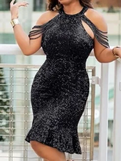 Women‘s Plus Size Curve Party Dress Solid Color Crew Neck Ruffle Short Sleeve Spring Fall Formal Sequins Prom Dress Knee Length Dress Party Going Out Dress Sequin Dress Homecoming Dress