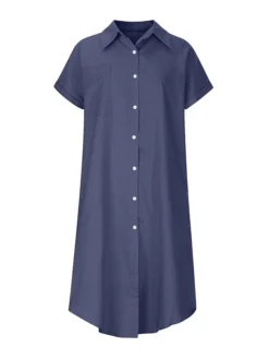 Women's Casual Dress Denim Shirt Dress Midi Dress Denim Fashion Casual Outdoor Daily Vacation Shirt Collar Button Pocket Short Sleeve Summer Spring Fall 2023 Loose Fit Navy Blue Blue Sky Blue Plain S -HANs Plus Size Style Shop kbowgv1675073412077