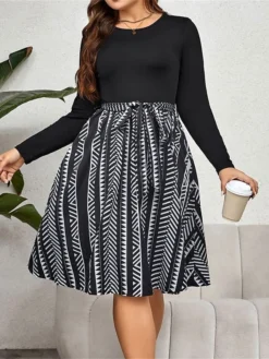 Women's Plus Size Curve Party Dress Winter Dress Black Dress Geometric Midi Dress Long Sleeve Patchwork Bow Crew Neck Fashion Party Black Fall Winter XL XXL 3XL 4XL