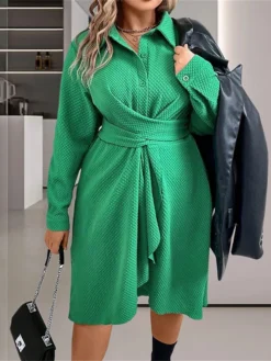 Women's Plus Size Curve Shirt Dress Casual Dress Plain Midi Dress Long Sleeve Ruched Button Shirt Collar Fashion Outdoor Green Fall Winter L XL XXL 3XL 4XL -HANs Plus Size Style Shop kdlocc1695095379276