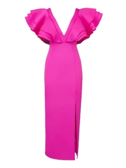 Women's Plus Size Curve Party Dress Bodycon Sheath Dress Plain Long Dress Maxi Dress Short Sleeve Ruffle Backless V Neck Fashion Party Fuchsia Fall Winter XL XXL 3XL 4XL -HANs Plus Size Style Shop kdoldn1694151481698