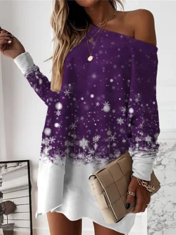 Women‘s Christmas Casual Dress Sweatshirt Dress Mini Dress Warm Fashion Outdoor Holiday Crew Neck Print Print Loose Fit Burgundy Blue Purple S M L XL XXL -HANs Plus Size Style Shop kdoudn1694502608897
