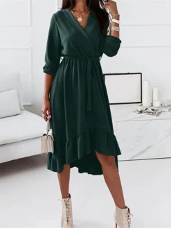 Women‘s Curve Sheath Dress Knee Length Dress Green Black Pink Light Blue Long Sleeve Solid Color Lace Up Ruffle Plus High Low Fall Spring V Neck Elegant Vintage Party Loose 2023 S M L XL XXL 3XL -HANs Plus Size Style Shop kdrxvd1635330870145