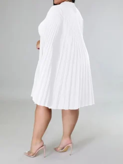 Women‘s Plus Size Curve Casual Dress Shift Dress Solid Color Midi Dress Long Sleeve Pleated Stand Collar Basic Daily Black White Fall Spring XL XXL 3XL 4XL 5XL -HANs Plus Size Style Shop kdunha1672817482959