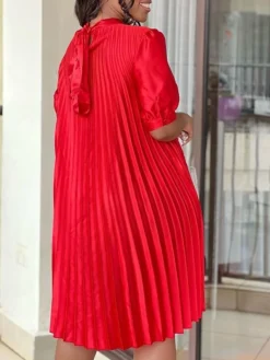 Women‘s Plus Size Curve Casual Dress Shift Dress Solid Color Midi Dress Short Sleeve Ruched Pleated Stand Collar Fashion Daily White Red Summer Spring L XL 2XL 3XL -HANs Plus Size Style Shop kdxsmm1678184666991