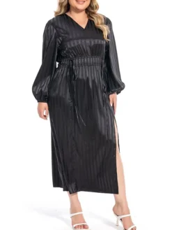 Women's Plus Size Curve Work Dress Satin Dress Black Dress Plain Midi Dress Long Sleeve Split V Neck Fashion Office Black Fall Winter L XL XXL 3XL 4XL -HANs Plus Size Style Shop keioqy1694772909356