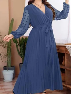 Women's Plus Size Curve Prom Dress Party Dress Wedding Guest Dress Long Dress Maxi Dress Blue Green Long Sleeve Pure Color Lace Up Fall Winter Autumn V Neck Fashion Evening Party Wedding Guest -HANs Plus Size Style Shop kejbkd1693205377101