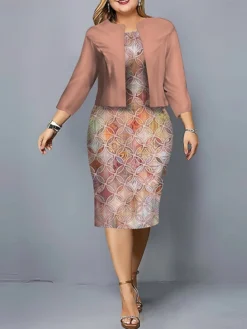 Women's Plus Size Curve Casual Dress Dress Set Two Piece Dress Floral Geometric Midi Dress Long Sleeve Print Crew Neck Fashion Outdoor Pink Navy Blue Fall Winter L XL XXL 3XL 4XL -HANs Plus Size Style Shop keqeft1695807525312