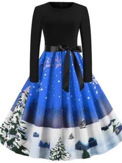 Women's Christmas Knee Length Dress Blue Purple Wine Gray Green Black Red Light Blue Long Sleeve Print Bow Print Fall Winter Round Neck Casual Vintage2021 S M L XL XXL -HANs Plus Size Style Shop keqnuw1629971949361