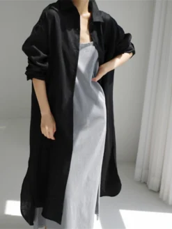Women's Shirt Dress Casual Dress Linen Dress Maxi Long Dress Winter Dress Daily Holiday Polyester Casual Mature Shirt Collar Zipper Button Long Sleeve Summer Spring Fall 2023 Loose Fit Black Navy -HANs Plus Size Style Shop keqtch1655346771833