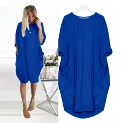 Women's Casual Dress T Shirt Dress Tee Dress Shift Dress Midi Dress Black White Blue 3/4 Length Sleeve Pure Color Pocket Summer Spring Crew Neck Basic Winter Dress Christmas Vacation 2023 S M L XL -HANs Plus Size Style Shop keutey1664176960187