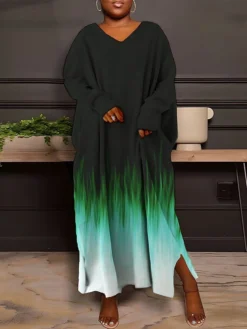 Women's Plus Size Curve Casual Dress Sweatshirt Dress Winter Dress Floral Gradient Long Dress Maxi Dress Long Sleeve Split Print V Neck Fashion Outdoor Pink Blue Fall Winter L XL XXL 3XL 4XL -HANs Plus Size Style Shop keuwvx1693386776013