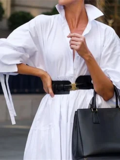 Women's Casual Dress Winter Dress Swing Dress Long Dress Maxi Dress Ruched Pocket Outdoor Street Daily Fashion Streetwear V Neck Long Sleeve 2023 Loose Fit White Color S M L Size