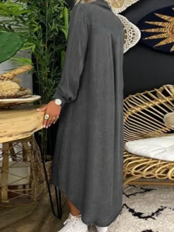 Women's Denim Dress Casual Dress Shift Dress Maxi Long Dress Cotton Denim Casual Mature Outdoor Winter Dress Daily Shirt Collar Button Pocket Long Sleeve Summer Spring Fall 2023 Loose Fit Black Dark -HANs Plus Size Style Shop kftoeg1684808117859
