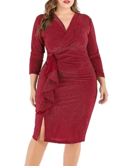 Women‘s Plus Size Curve Work Dress Sheath Dress Semi Formal Dress Fashion Midi Dress Ruffle V Neck Long Sleeve Plain Regular Fit Black Wine Fall Winter XL XXL 3XL 4XL 5XL -HANs Plus Size Style Shop kftovx1691401476403