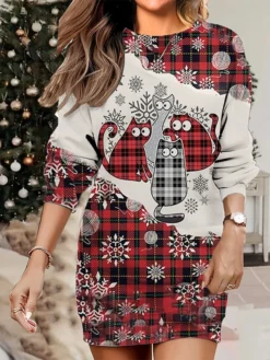 Women's Christmas Casual Dress Sweatshirt Dress Mini Dress Warm Fashion OutdoorVacation Crew Neck Print Geometric Snowman Snowflake Loose Fit White Wine Rusty Red S M L XL XXL -HANs Plus Size Style Shop kfxgtz1695640759131