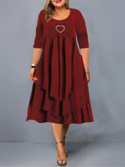 Women‘s Plus Size Curve Flattering Dresses Apple Shaped Dress Wedding Guest Casual Dress Shift Dress Solid Color Midi Dress Long Sleeve Ruffle Pocket Crew Neck Basic Daily Pink Wine Fall Spring Dress -HANs Plus Size Style Shop kgbfhb1673504419190