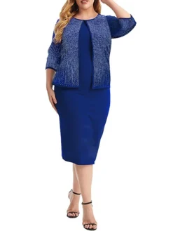 Women's Plus Size Curve Party Dress Cocktail Dress Sheath Dress Solid Color Midi Dress 3/4 Length Sleeve Patchwork Fake Two Piece Crew Neck Fashion Party Black Wine Fall Winter XL XXL 3XL 4XL 5XL