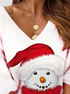 Women's Christmas Sweatshirt Dress Winter Dress Mini Dress Red 3/4 Length Sleeve Snowman Print Winter Fall V Neck Vacation Casual Loose Fit 2022 S M L XL XXL 3XL -HANs Plus Size Style Shop kgeuut1666950646145