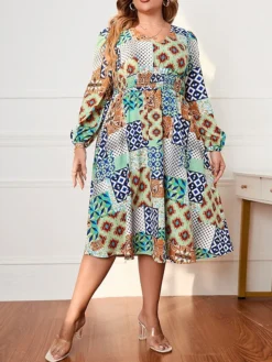 Women's Plus Size Curve Party Dress Wedding Guest Dress Tunic Dress Midi Dress Blue Long Sleeve Geometric Print Spring Fall Winter V Neck Fashion Evening Party Wedding Guest XL XXL 3XL 4XL -HANs Plus Size Style Shop kgewnk1692942602038