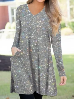 Women's Casual Dress Sweatshirt Dress T Shirt Dress Tee Dress Ombre Pocket Print V Neck Mini Dress Active Fashion Outdoor Daily Long Sleeve Loose Fit Silver Black Blue Spring Fall S M L XL XXL