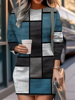 Women's Casual Dress Sweatshirt Dress Mini Dress Warm Fashion Outdoor Holiday Vacation Crew Neck Print Geometric Loose Fit Yellow Burgundy Blue S M L XL XXL -HANs Plus Size Style Shop kgmxbr1694590808823