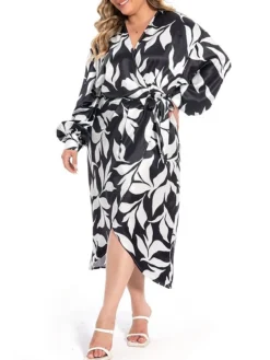 Women's Plus Size Curve Work Dress Satin Dress Wrap Dress Floral Midi Dress Long Sleeve Split V Neck Fashion Office Black Fall Winter L XL XXL 3XL 4XL -HANs Plus Size Style Shop khaauf1694772970824