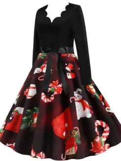 Women's Christmas Knee Length Dress Wine Green Orange Black Red Brown Navy Blue Long Sleeve Print Bow Print Fall Winter V Neck Casual Vintage2021 S M L XL XXL 3XL -HANs Plus Size Style Shop khjdek1629971431361