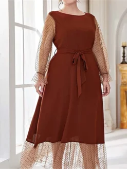 Women's Plus Size Prom Dress Party Dress Wedding Guest Dress Long Dress Maxi Dress Black Brown Long Sleeve Pure Color Lace Up Fall Winter Autumn Crew Neck Fashion Winter Dress Evening Party Wedding -HANs Plus Size Style Shop khscqt1693535307661