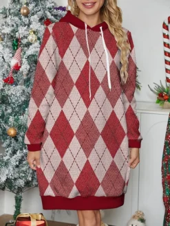 Women's Casual Dress Hoodie Dress Mini Dress Warm Fashion Outdoor Christmas Holiday Hoodie Print Geometric Loose Fit Red S M L XL XXL