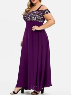 Women‘s Plus Size Curve Party Dress Homecoming Dress Formal Dress Solid Color Long Dress Maxi Dress Short Sleeve Lace Strap Modern Party Black Wine Summer Spring L XL XXL 3XL 4XL -HANs Plus Size Style Shop khwalj1673244320009