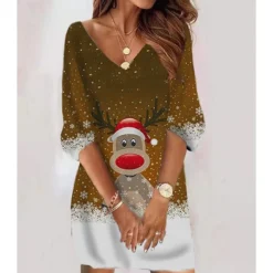 Women‘s Christmas Sweatshirt Dress Winter Dress Short Mini Dress Black 3/4 Length Sleeve Hat Print Fall Winter V Neck Vacation Casual 2022 S M L XL XXL 3XL -HANs Plus Size Style Shop khwiui1666786442166