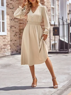 Women's Casual Dress Plain Dress Empire Waist Dresses Midi Dress Pleated Button Street Daily Holiday Fashion Streetwear V Neck Long Sleeve 2023 Loose Fit Black Blue Army Green Color S M L XL Size -HANs Plus Size Style Shop kiazry1691148125645